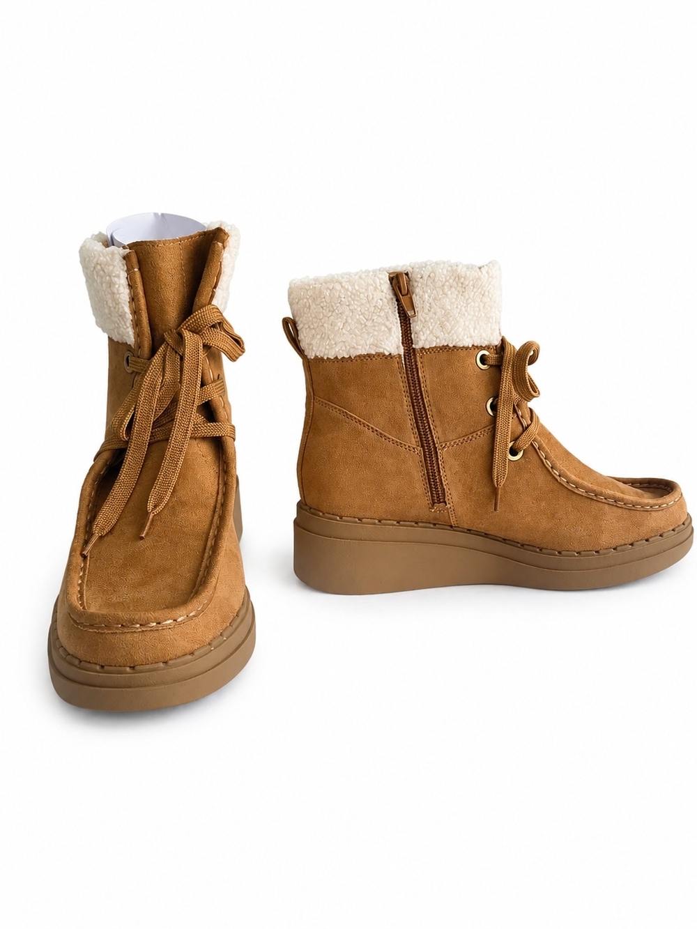 Life Stride Tan Faux-Shearling Lace-Up Ankle Boots